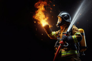 Fototapeta premium A brave firefighter with safety suit By water fighting with fire flame Isolated on black background