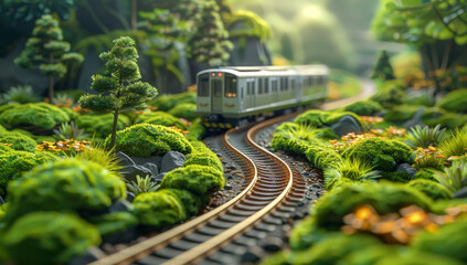 Miniature landscape, Winding railway, An oncoming subway train, subway, moss. Generative AI.
