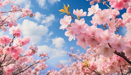 spring background with the image of blue sky and cherry blossoms watercolor illustration material