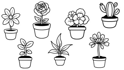 Stylish silhouette set of pot plants and flowers