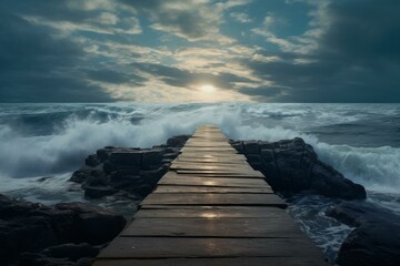 Wooden pier extending into a tumultuous ocean with waves crashing and a moody sunset sky