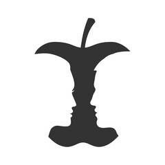 Man and women face silhouette on the apple. People profile makes silhouette bitten apple. Couple in love symbol. Vector illustration