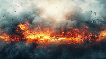 Fototapeta premium Digital artwork of an apocalyptic explosion, with fiery clouds and debris illustrated against a white background