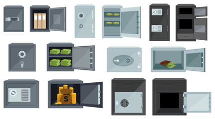 Metal safes with open and closed doors