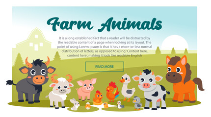 Cute farm background. Big set of cartoon farm animals and pets
