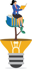 Learn more knowledge to grow and success, study to get new skill, businesswoman studying on a light bulb plant concept