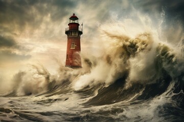 Obraz premium Dramatic scene as towering waves crash around an isolated lighthouse