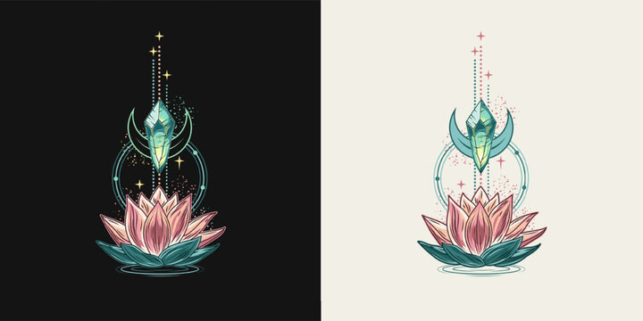 Vertical colorful composition with lotus flower, magic glowing crystal. Mysterious, mystical concept for meditation, clear consciousness. Vintage style.