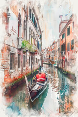 Watercolor painting of a gondola sailing down a canal in the city of Venice, between historic buildings in soft colors