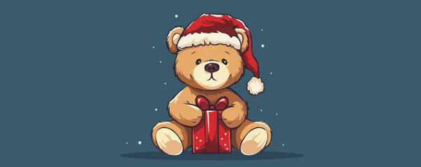 Fototapeta premium Teddy bear in a santa hat sits and holds a gift. vector simple illustration