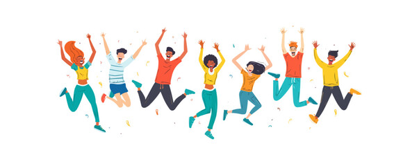 Happy joyful jumping characters set. Active energetic cheerful people celebrating success, victory. Young emotional men, women triumph. Flat graphic vector illustrations isolated on whi
