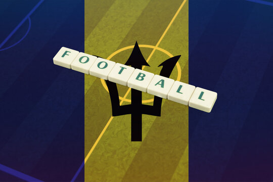 Football text on field with Barbados flag, soccer cup idea, victory and win concept, Barbados 