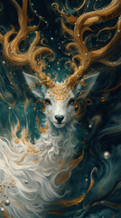 Image of a beautiful deer with golden horns. Illustration