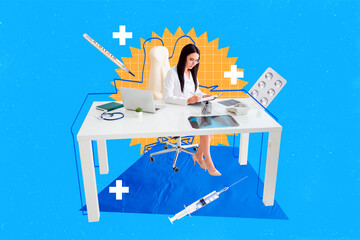 Composite photo collage of doc girl write diagnosis pneumonia covid workplace table supplies...