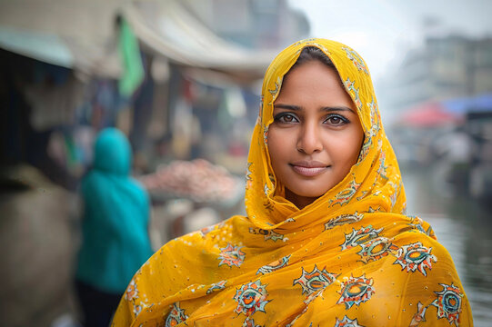 Portrait of a muslim woman in a market.