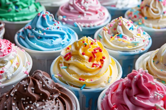 Assorted ice cream flavors  vibrant display in ice cream truck or seaside parlor