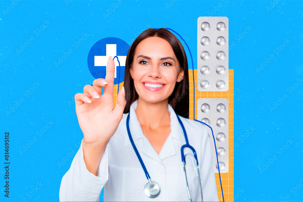 Poster composite photo collage of happy doctor girl show index finger covid treatment recipe pills blister 