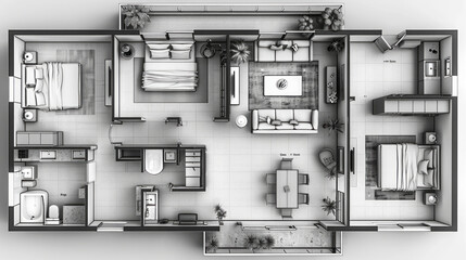 Detailed architectural blueprint of a modern residential apartment