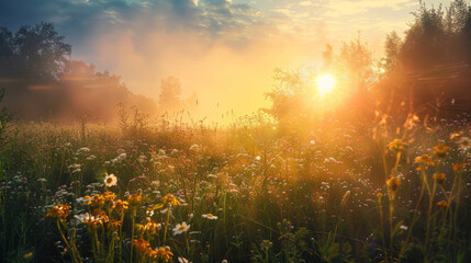 Sunrise over a vibrant wildflower meadow with mist