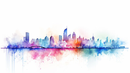 Fototapeta premium multicolored spectrum silhouette of the city, watercolor illustration on a white background, cityline liquid paint, isolated print