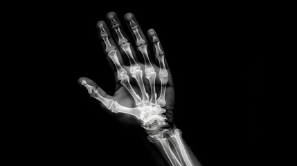 This x-ray captures the intricate bones of a hand holding an invisible object aloft, fingers delicately intertwined. The outline of the hand is illuminated against a stark backdrop.