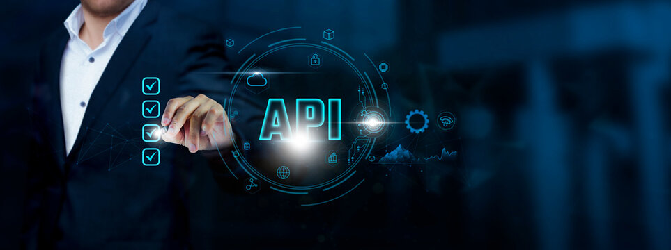 API: Businessman checks API platform technology and checklist approves, Integration of Business on Virtual Interface, Streamlining Operations Concept.