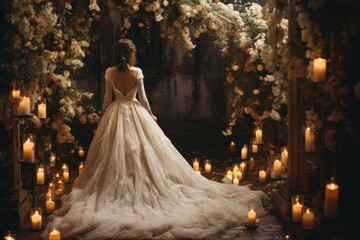 A bride in a luxurious dress surrounded by candles and flowers in a romantic, fairy-tale atmosphere