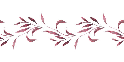 Obraz premium Monochrome burgundy twigs with leaves. Seamless border pattern isolated on white background. Hand drawn watercolor illustration. For design, invitations, cards, decoration