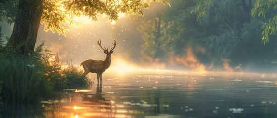A majestic deer stands in the middle of a tranquil river, surrounded by the lush greenery of the forest - Powered by Adobe