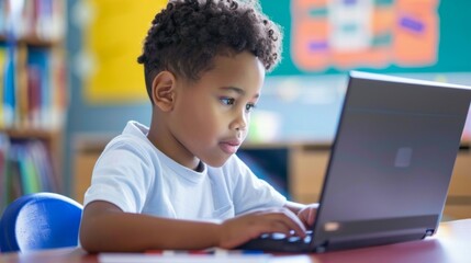 Young Student Exploring a Presentation on a Laptop in a Classroom Setting