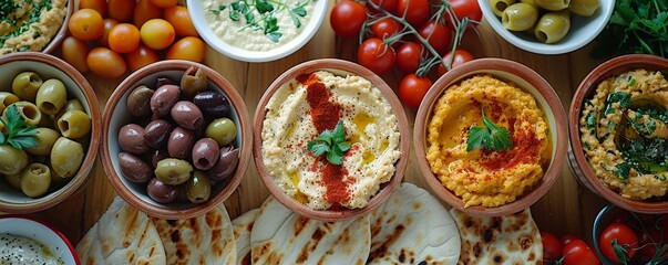 Appetizers hummus, baba ganoush, and olives.