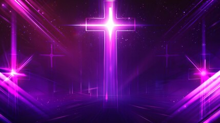 A purple cross shines brightly in a dark background
