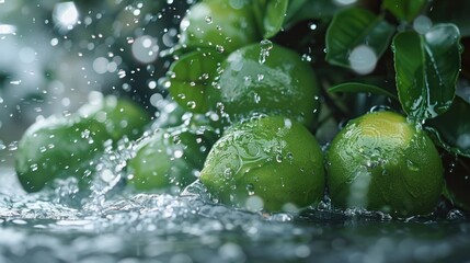 Limes and water splashing in slow motion
