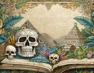 Textured paper of a codex  with the drawing of an Aztec symbols, skulls, plants and pyramid in the background with blank space