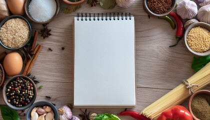 High angle view of a blank notepad with food ingredients and spices around it