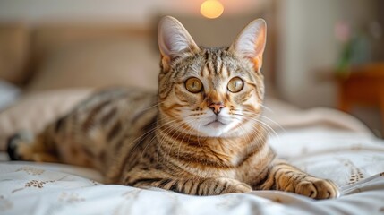 A beautiful and cute cat is lying on the bed and looking at the camera. The cat has big green eyes and soft fur.