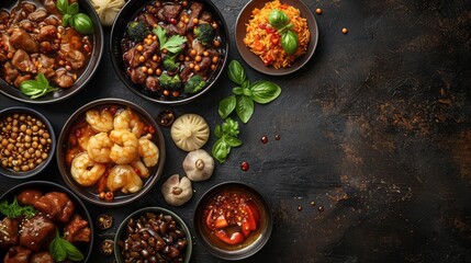 A variety of delicious Chinese food dishes are arranged on a rustic table. The dishes include rice, noodles, vegetables, and meat.