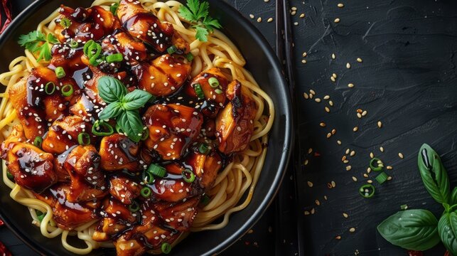 Top view of delicious chicken teriyaki with sesame seeds and green onion in black bowl on dark background