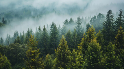 Obraz premium Misty forest landscape with lush green trees and fog