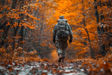 A lone soldier walks through a dense forest