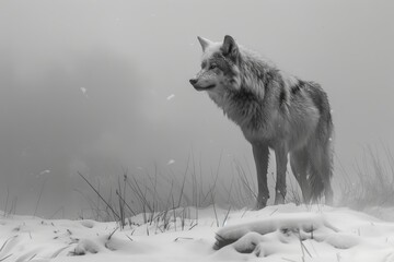 The wolf stands tall and proud in the snow, his eyes scanning the horizon for any sign of danger