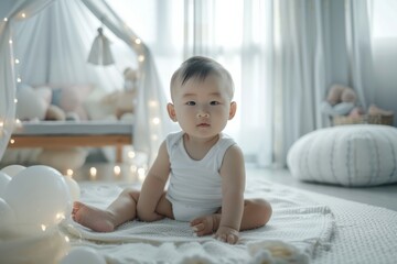 Fototapeta premium Adorable Asian Baby in white bodysuit Sitting Amongst White Balloons in a Cozy Nursery Room