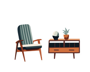Fototapeta premium Interior with bedside table and armchair on white background, vector illustration
