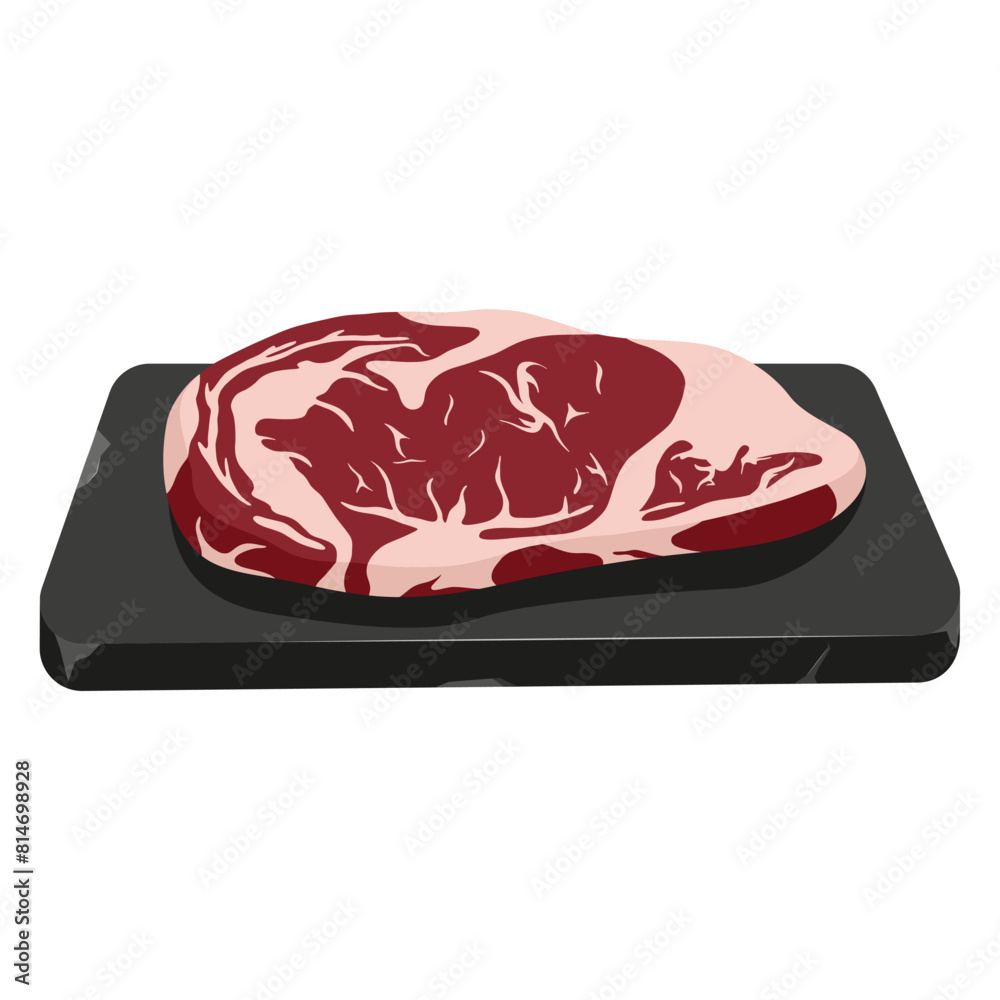 Sticker raw pork steak on stone tray. fresh red uncooked meat. vector illustration