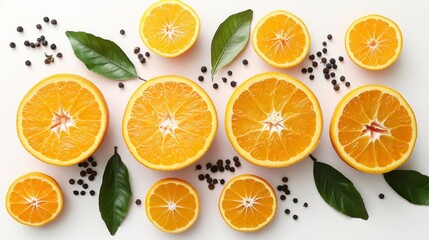 Obraz premium Various orange slices and peppercorns are arranged on a white background.
