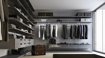 minimalist walk-in closet with a streamlined organization system