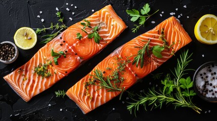 Two raw salmon fillets with herbs and spices on black background. Top view.