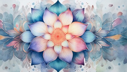 A mandala design featuring a flower motif, painted in watercolor with pale colors on a white 