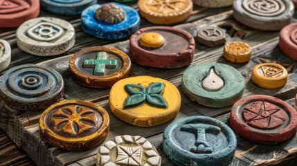 Colorful collection of 3D printed gaming tokens. Safety ratings disabled.