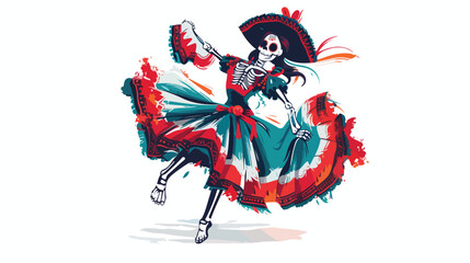 Mexican Catrina Calavera skeleton dancing in dress.